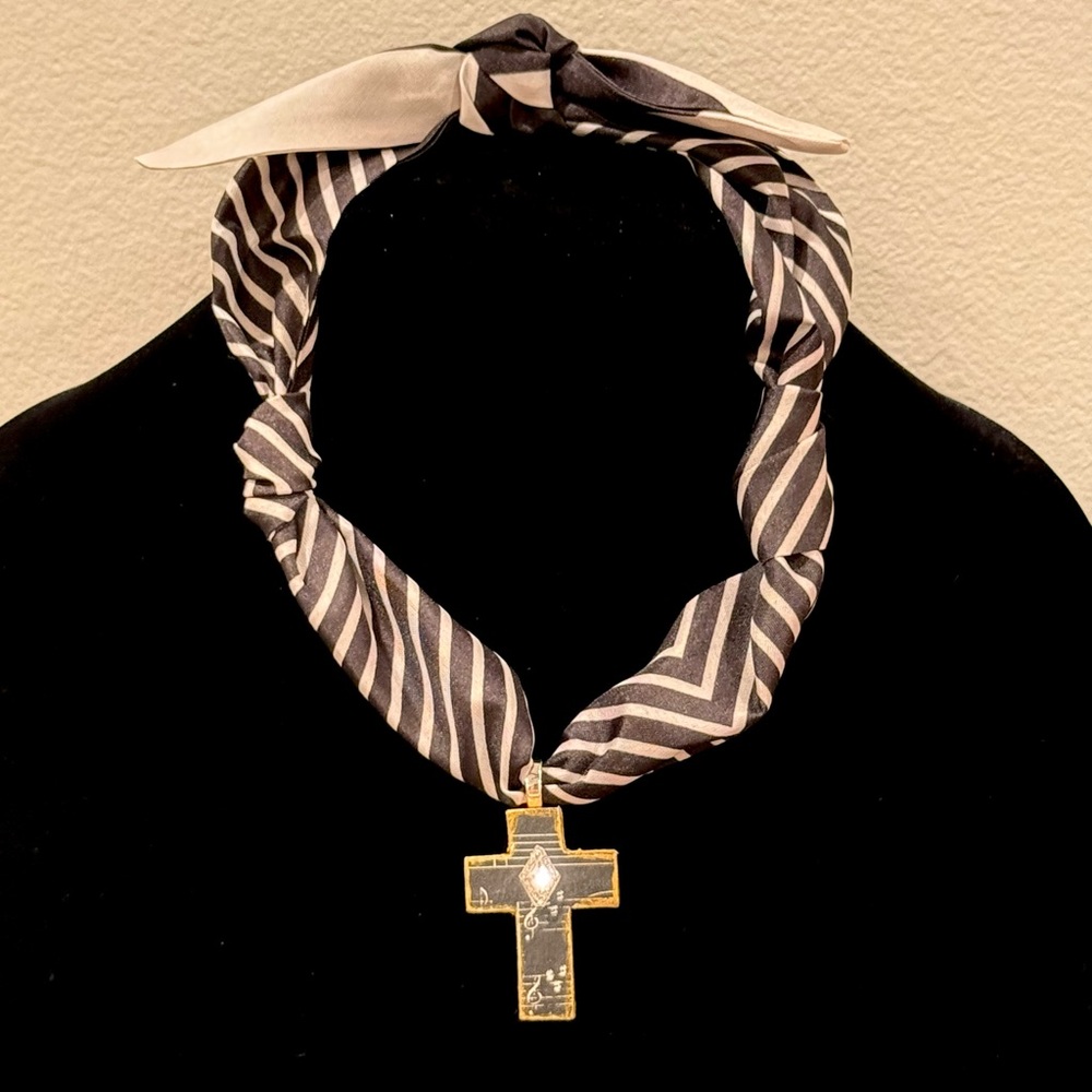 Striped Black and White Scarf Necklace with handmade Gold Cross Pendant